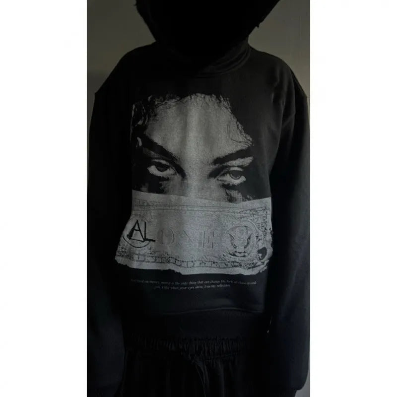 Women's loose fit black polyester hoodie with personalised dark printed design