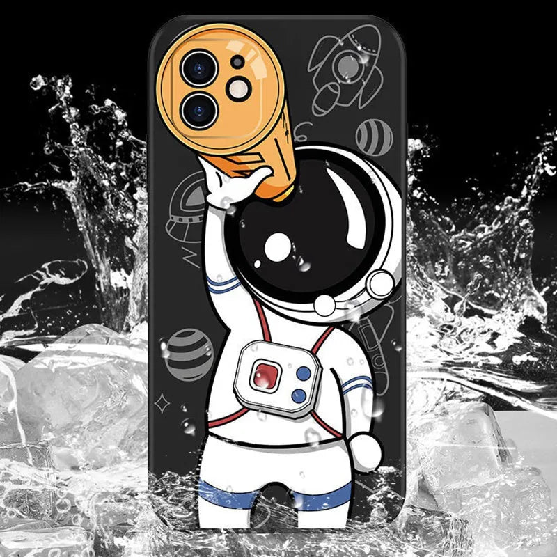 Cartoon astronaut painted silicone phone case for iPhone in classic black telescope astronaut style