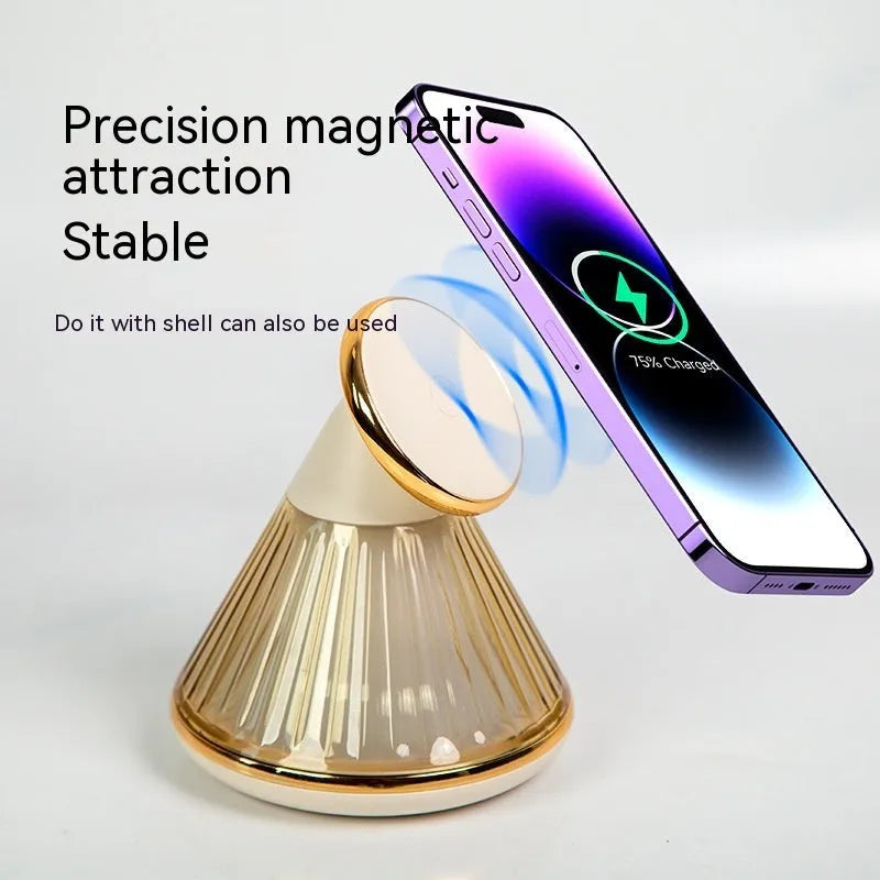 Night table lamp with magnetic wireless charger base in champagne gold, showing Type-C port and adjustable brightness controls
