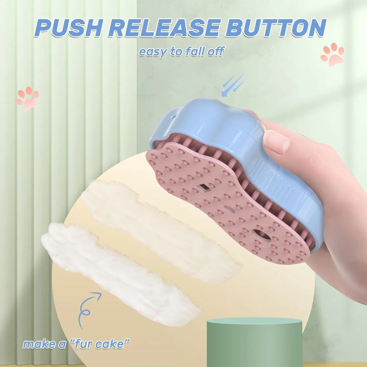 Blue self-cleaning cat steam brush with silicone bristles and release button