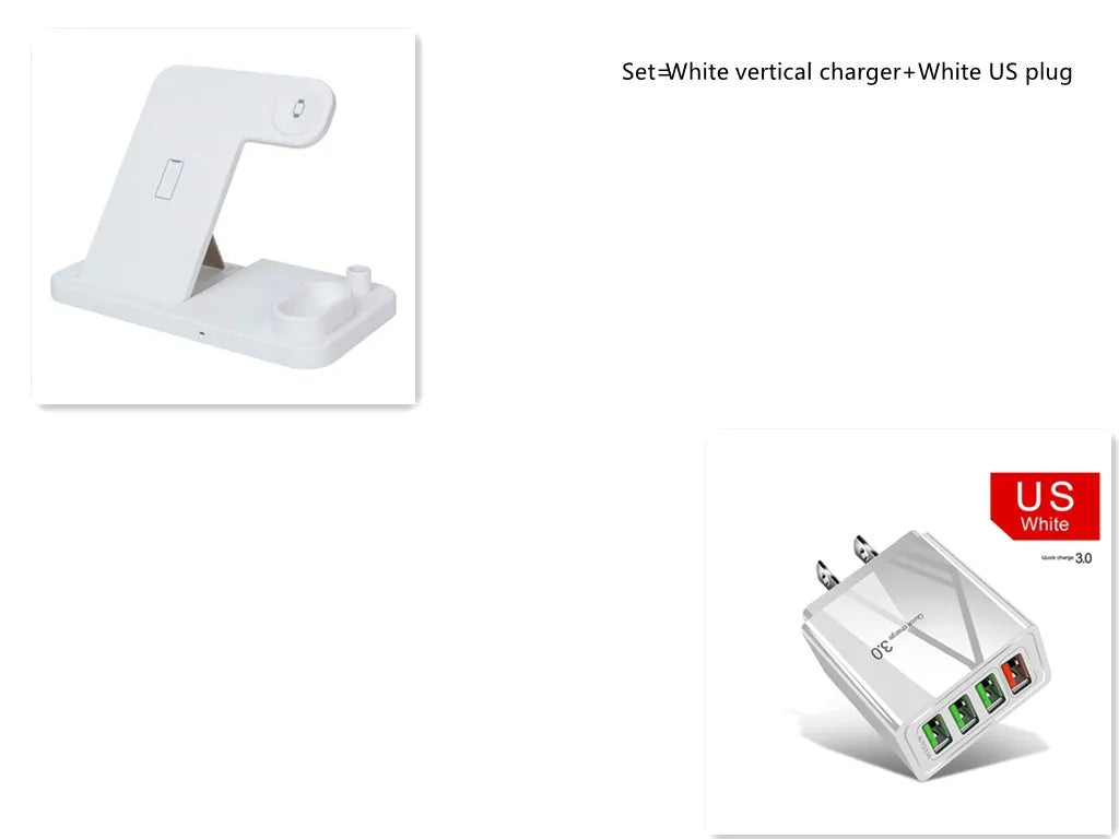 Black 4-in-1 wireless charging station for iPhone, Apple Watch, AirPods and Apple Pencil on a desk