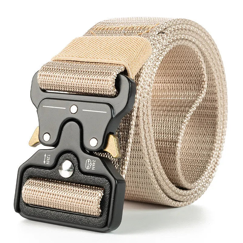 Men's thick canvas tactical belt with alloy release buckle in Army Green colour showing 120cm length