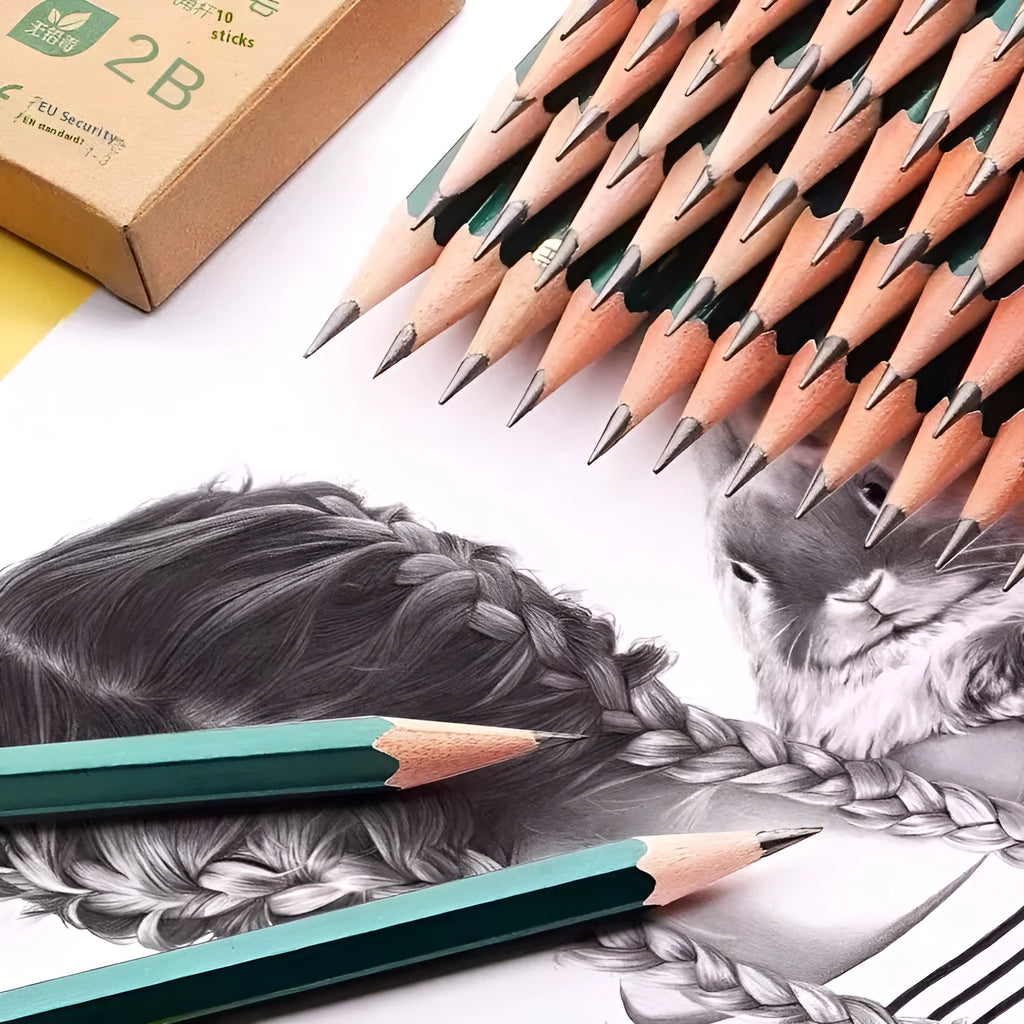 Green hexagonal wooden drawing pencils showing HB and 2B markings in a 10-pack set