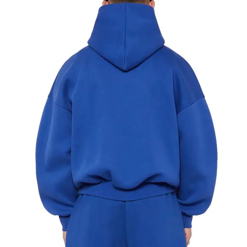Men's grey cotton pullover hoodie with a fleece wool lining and long sleeves.