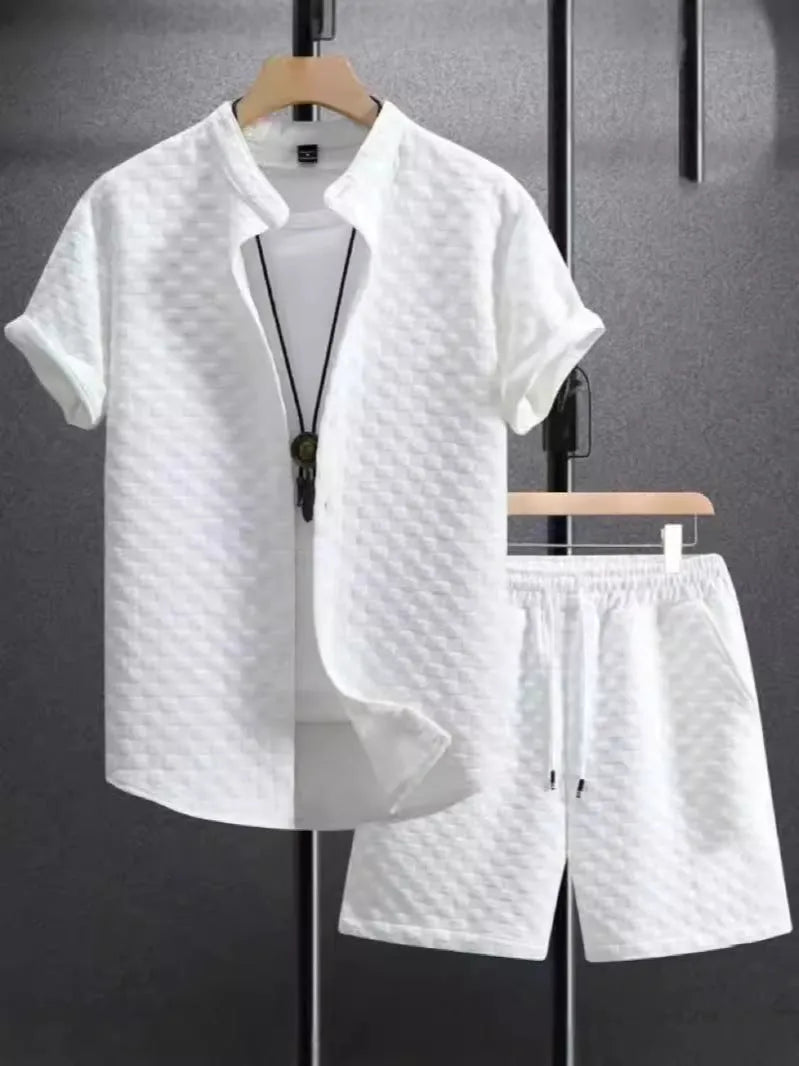 Mens black and white jacquard short sleeve suit set with shorts