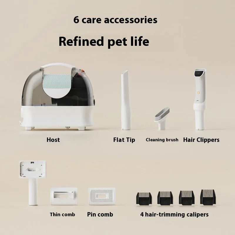 Pink and white pet grooming vacuum cleaner with conditioner dispenser and attachments