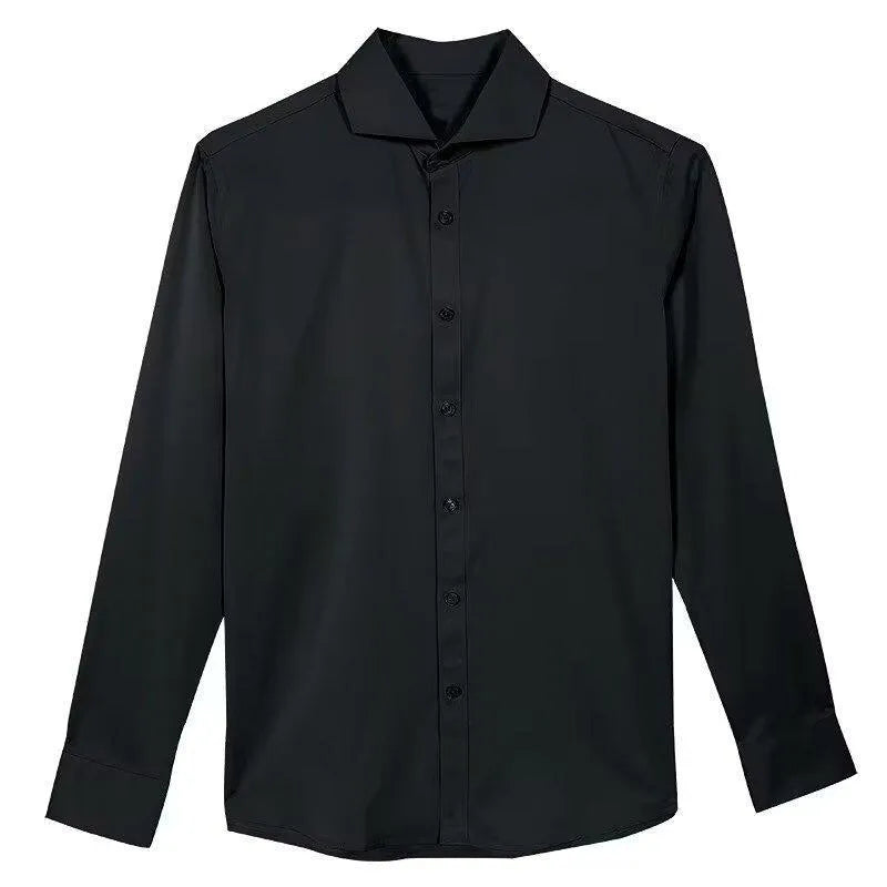 Man wearing a black long sleeve Korean-style cardigan shirt with a loose fit.