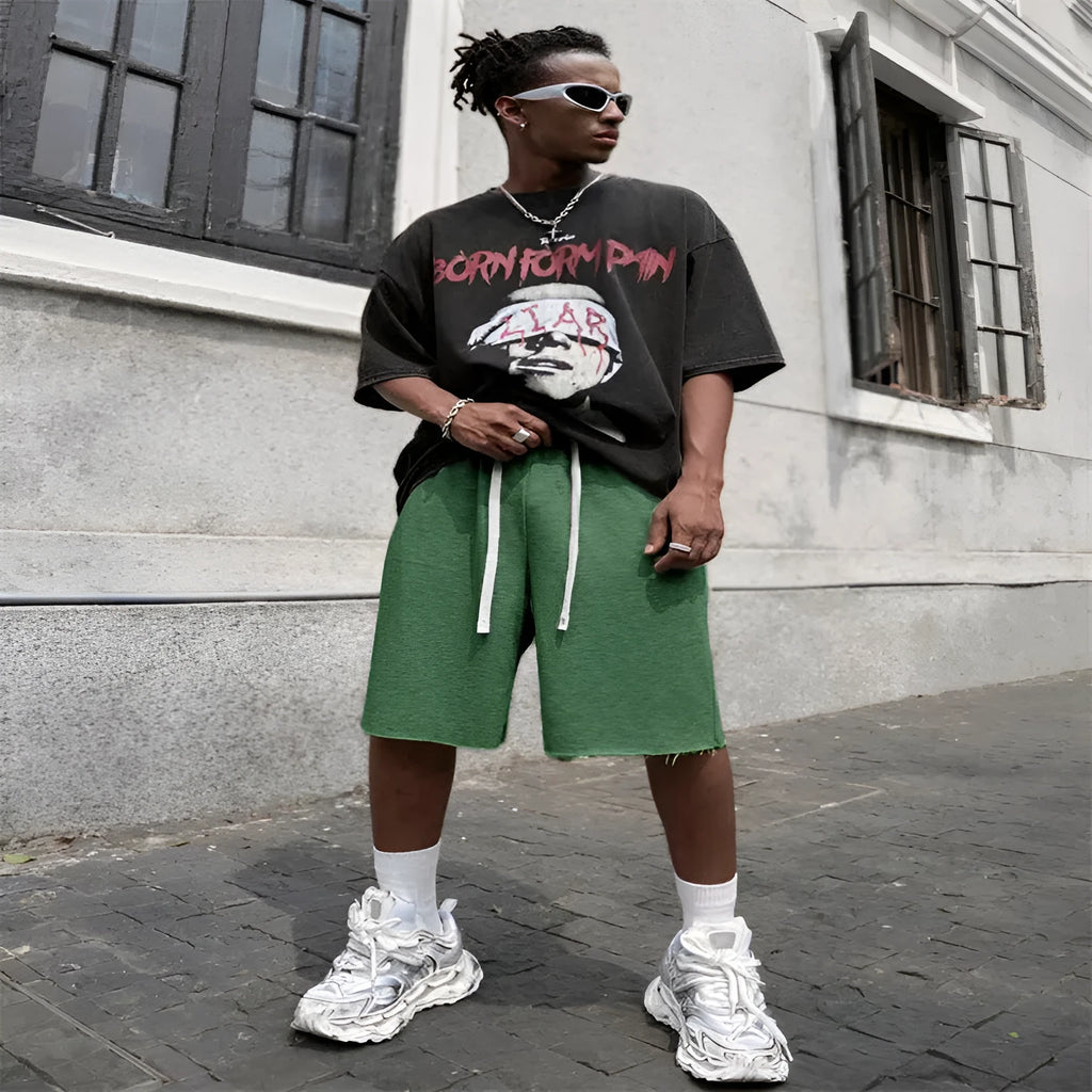 Men's medium long trousers plus size straight leg in black, polyester fabric, street hip-hop style
