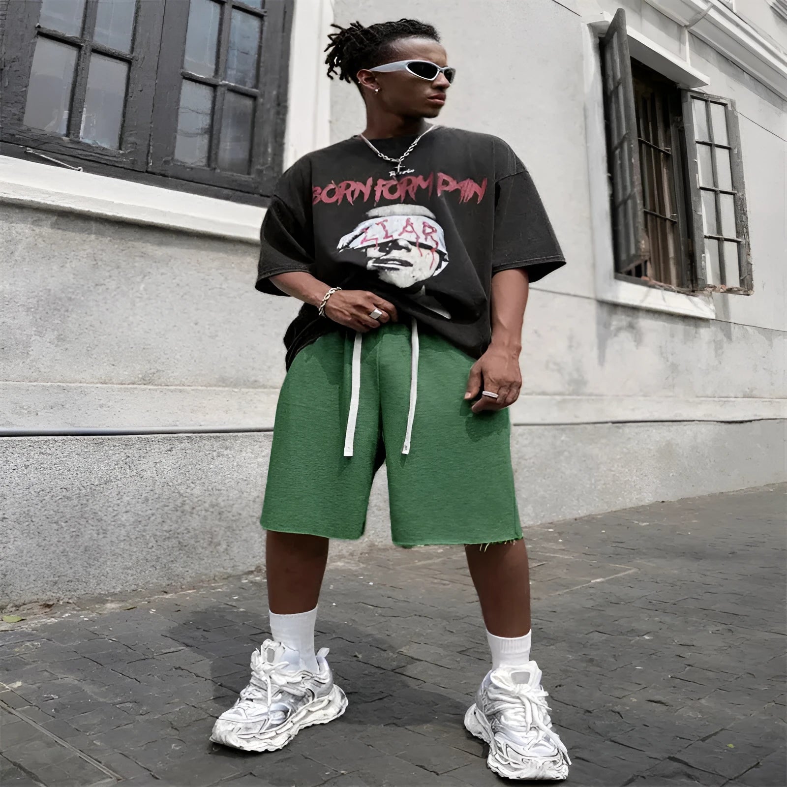 Men's medium long trousers plus size straight leg in black, polyester fabric, street hip-hop style