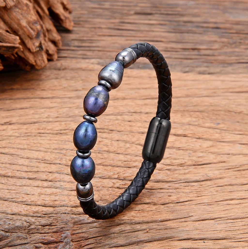 Unisex irregular pearl bracelet on leather cord, white pearl with gold accent, handmade Korean style