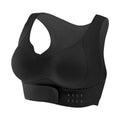 Women's front buckle sports bra in black, shown on a mannequin, featuring double shoulder straps and a 3/4 cup.