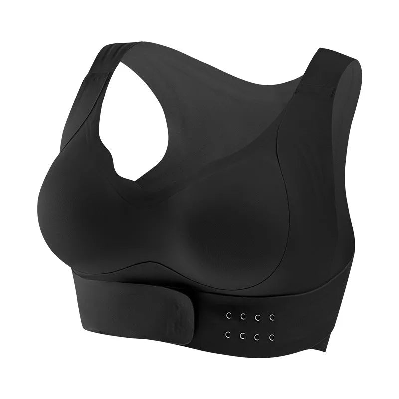 Women's front buckle sports bra in black, shown on a mannequin, featuring double shoulder straps and a 3/4 cup.