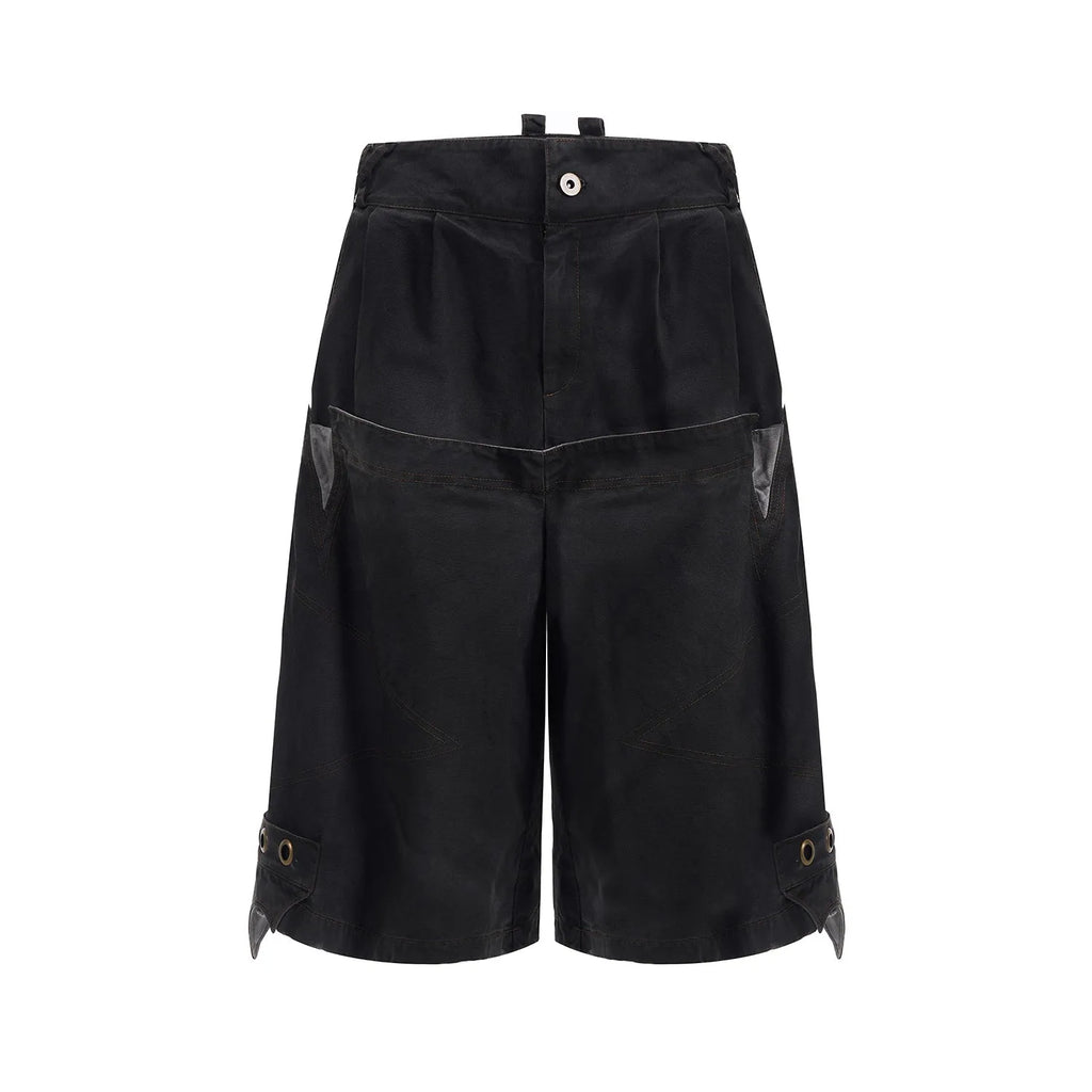 Men's double waist loose cropped pants in black with washed stitching, front view