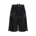 Men's double waist loose cropped pants in black with washed stitching, front view