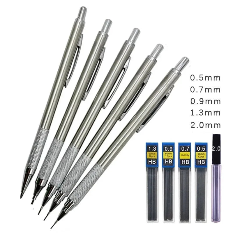 Metal automatic mechanical pencil with a choice of lead sizes including 0.5mm and 0.7mm, shown with a 2B refill.