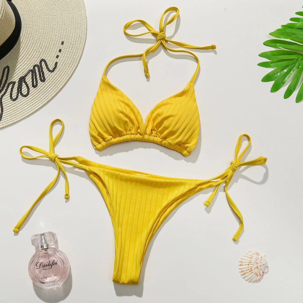 Solid colour triangle banded bikini set for women in yellow and dark green polyester fabric with brief panties
