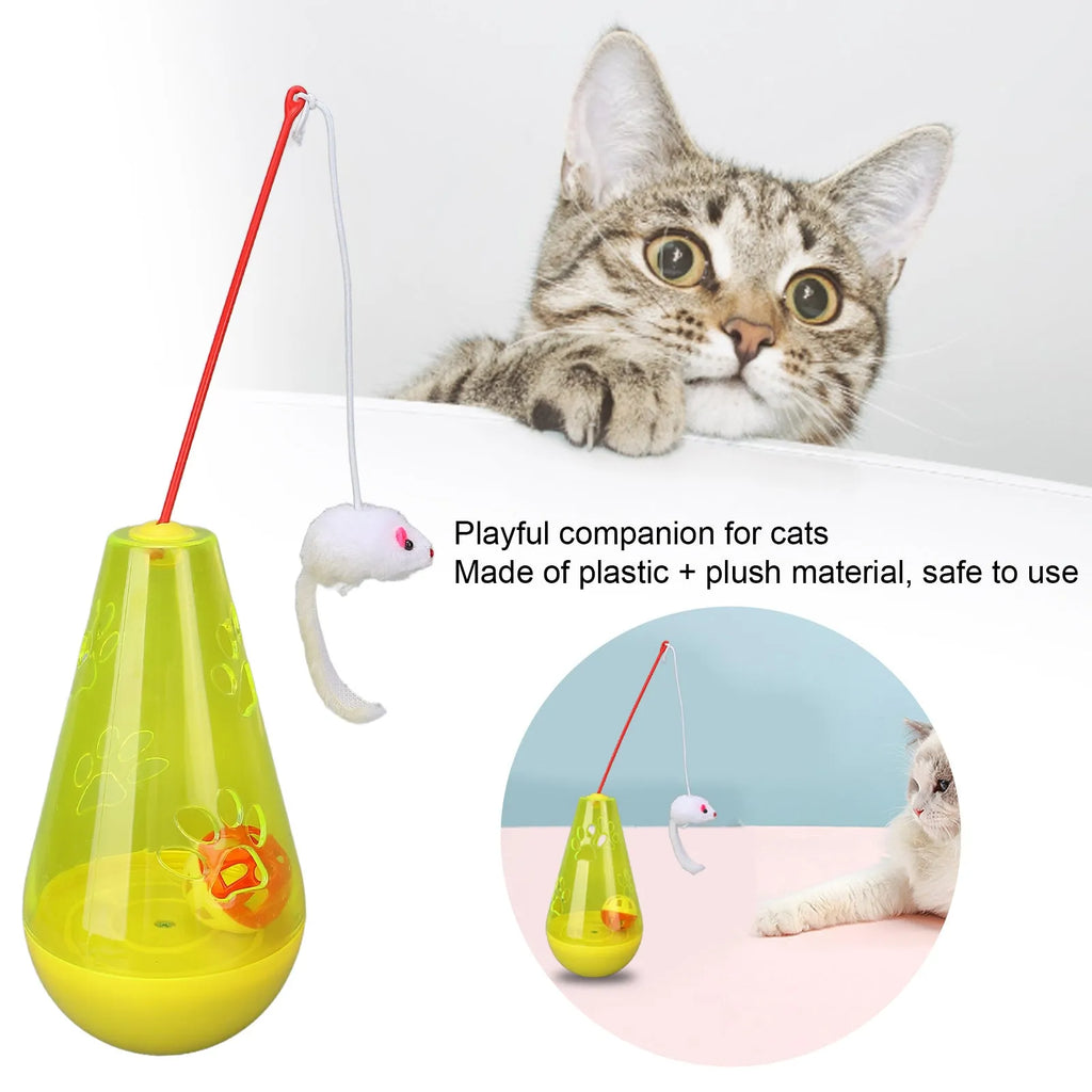Blue cat toy with bell ball and treat dispenser, plush mouse stick, 30cm tall, on floor