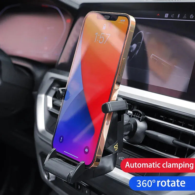 Racing seat shape car phone holder mounted on air vent with gold tape design