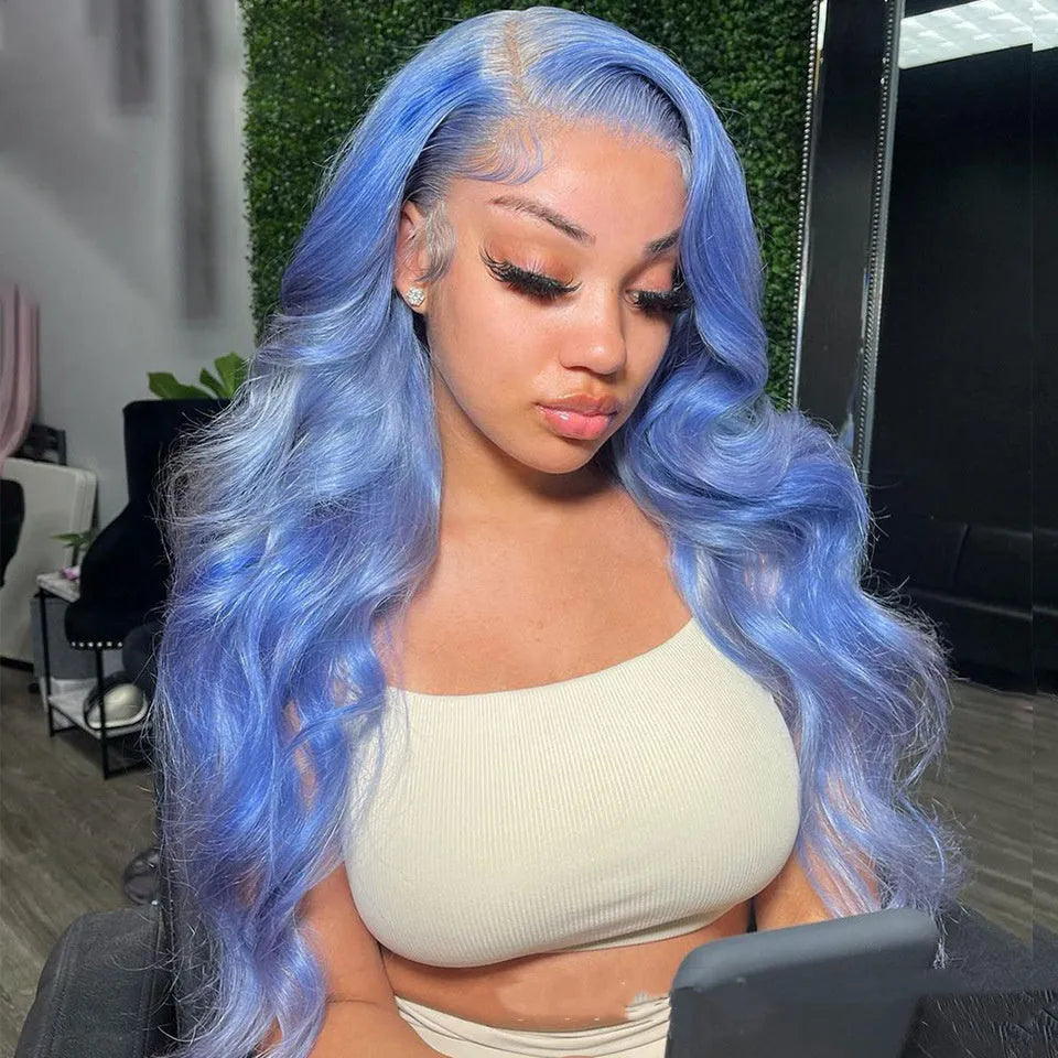 Body wave textured human hair lace front wig with 13x4 frontal closure on a model.