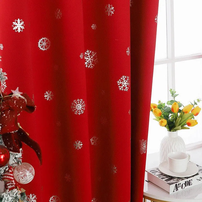 Snowflake pattern polyester shade cloth curtain hanging, showing solid fabric and modern design.