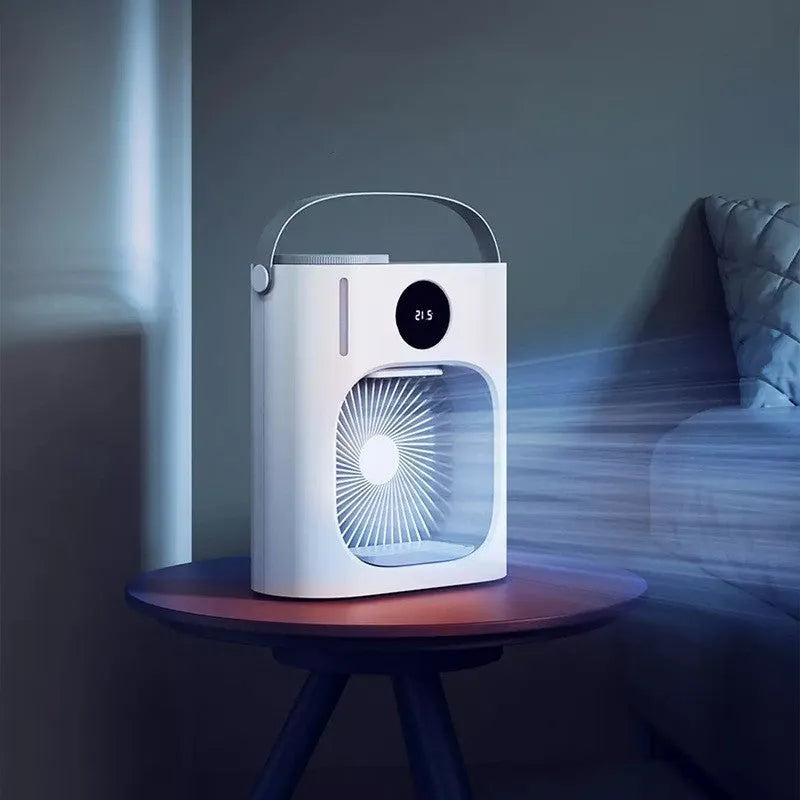 White USB refrigeration air conditioner front view showing screen display and button controls