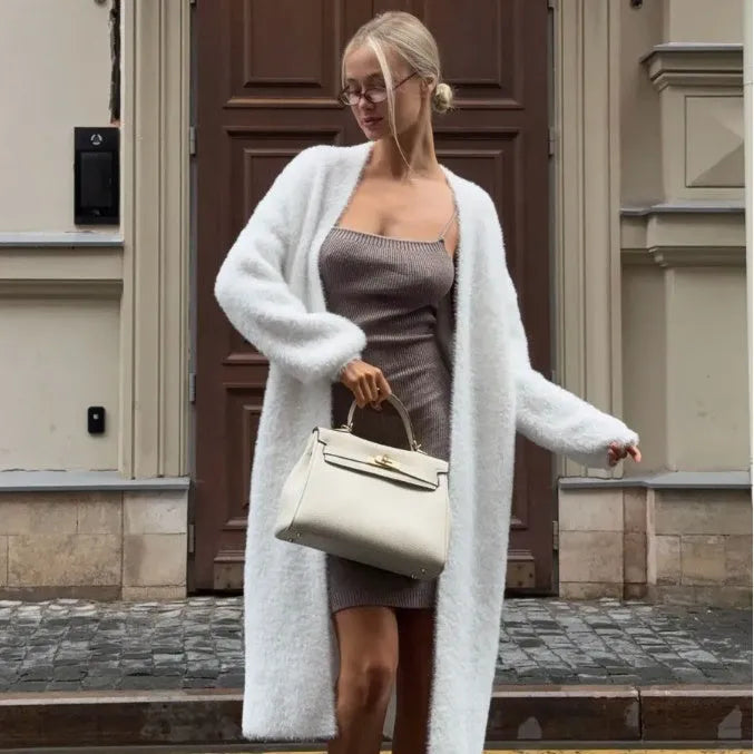 White women's knitted cardigan jacket with 105cm extended length and loose fit