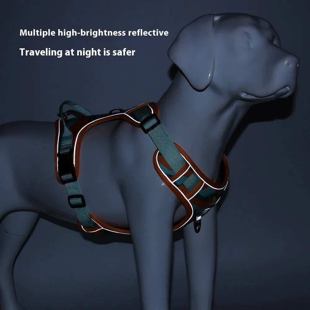 Orange dog chest and back harness with reflective strips and an integrated hand-holding rope.