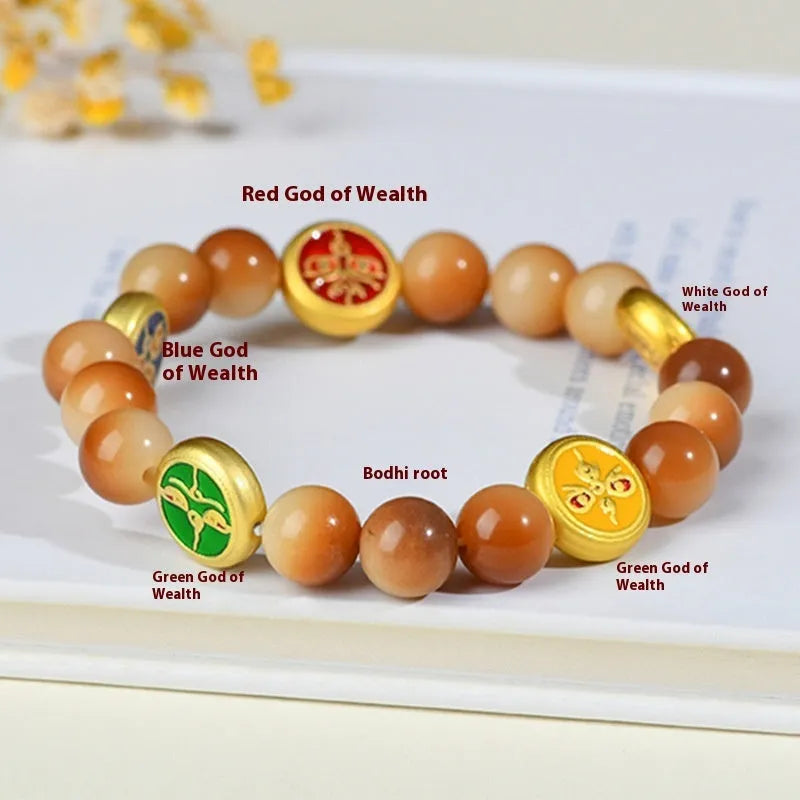 Handmade bodhi seed bracelet with yellow round beads in geometric five-directions design