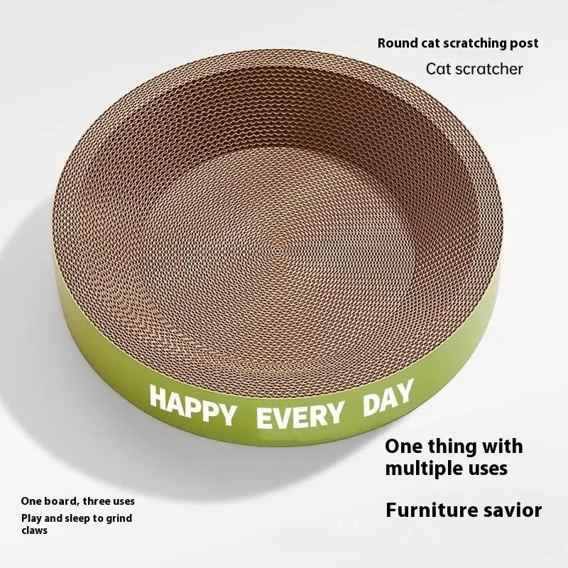 Green round cat scratching board and nest bed combination unit showing integrated design