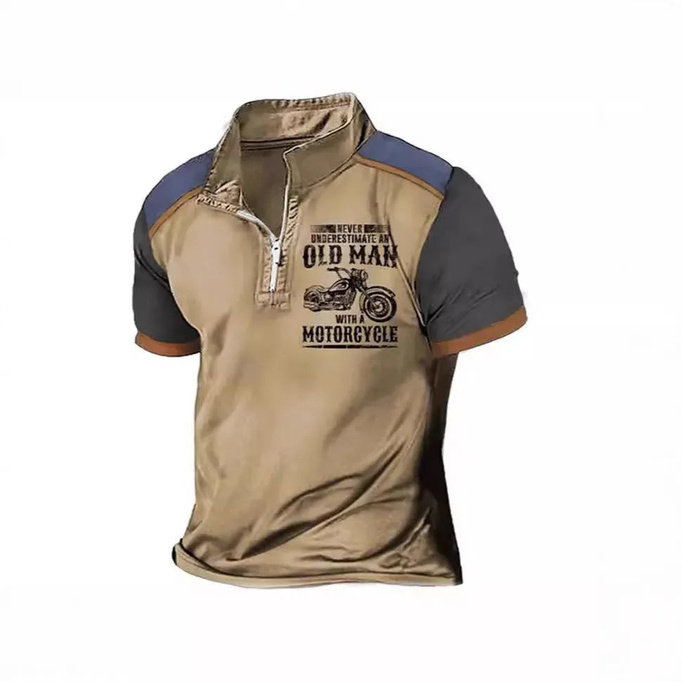 Men's casual polo shirt with lapel zipper decoration and digital print letter pattern