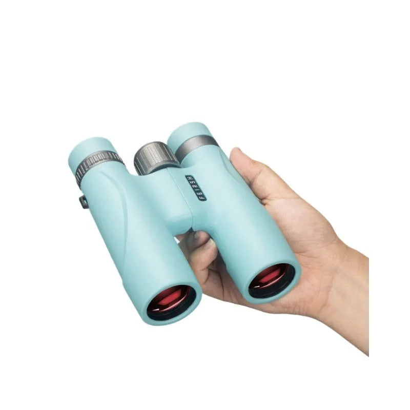 Wine red finish 10x32 binoculars with grey or blue options on a dark background