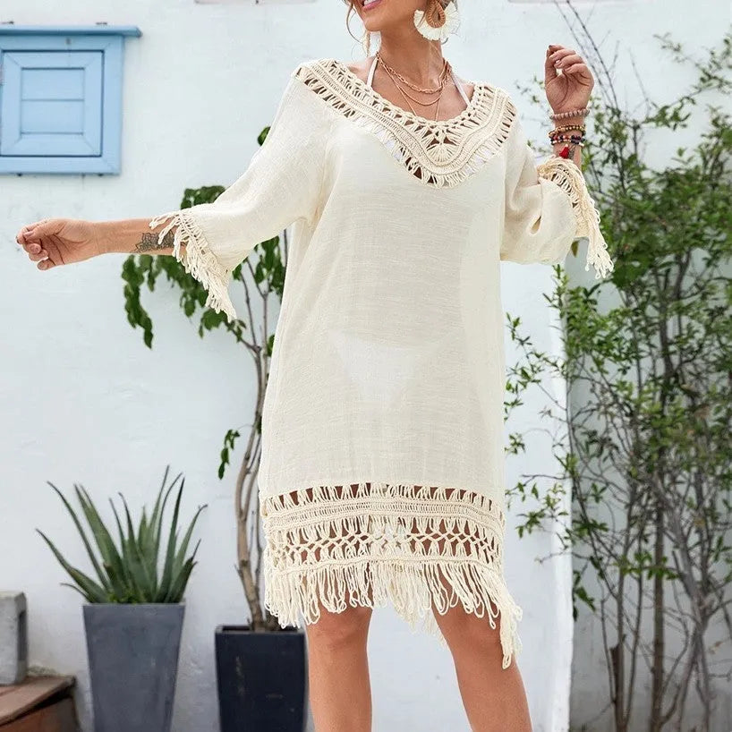 Apricot crocheted patchwork beach dress with knitted elements and half sleeves