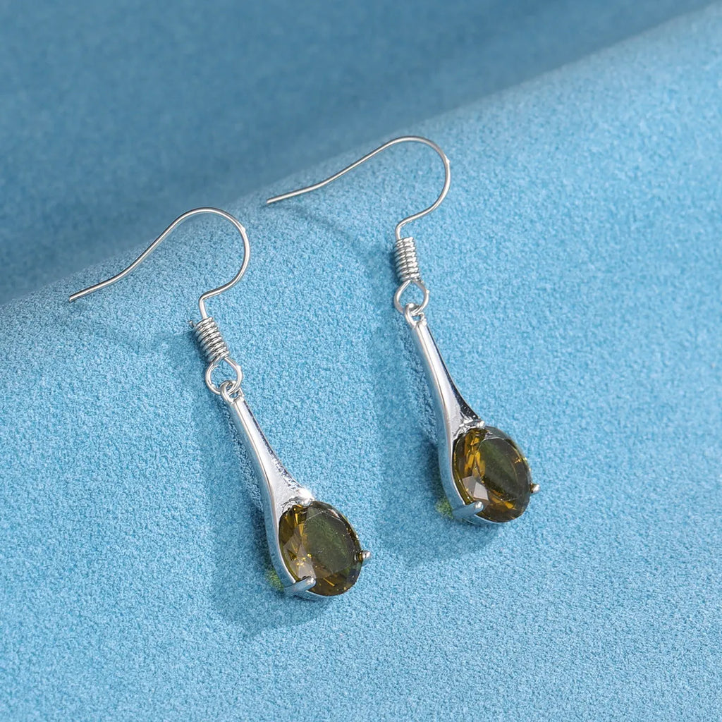 Olive green topaz alloy earrings with water drop shape and electroplated finish