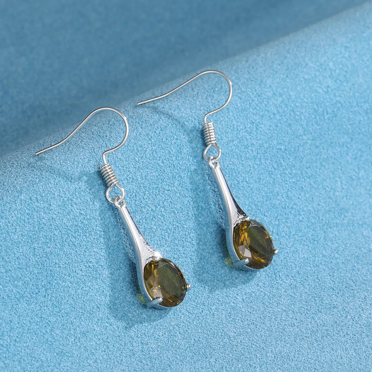 Olive green topaz alloy earrings with water drop shape and electroplated finish