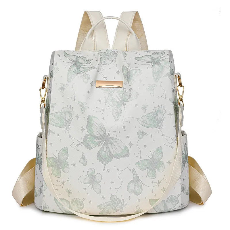 Butterfly printed PU shoulder backpack in black with sewing line details and 20L capacity