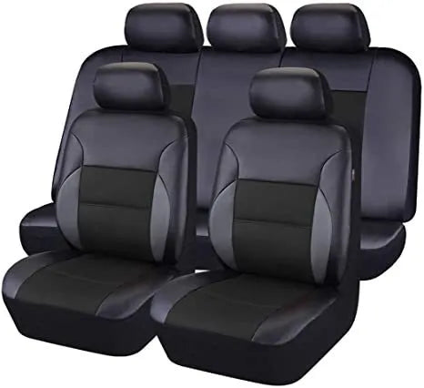 Artificial leather car seat covers in black, grey, beige, red or blue colours with headrest covers