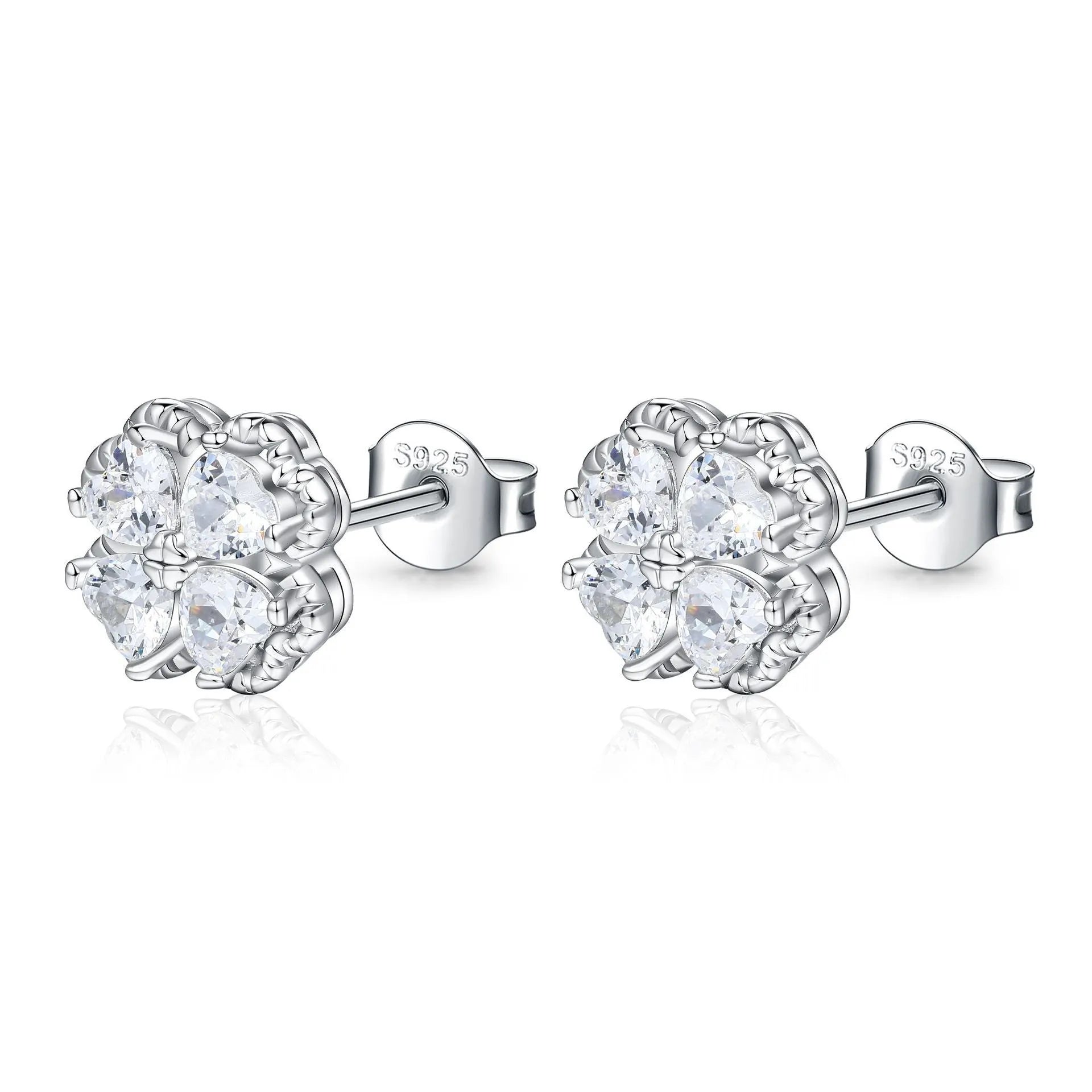 925 silver zircon earrings with four-leaf clover design and heart-shaped elements in white gold colour
