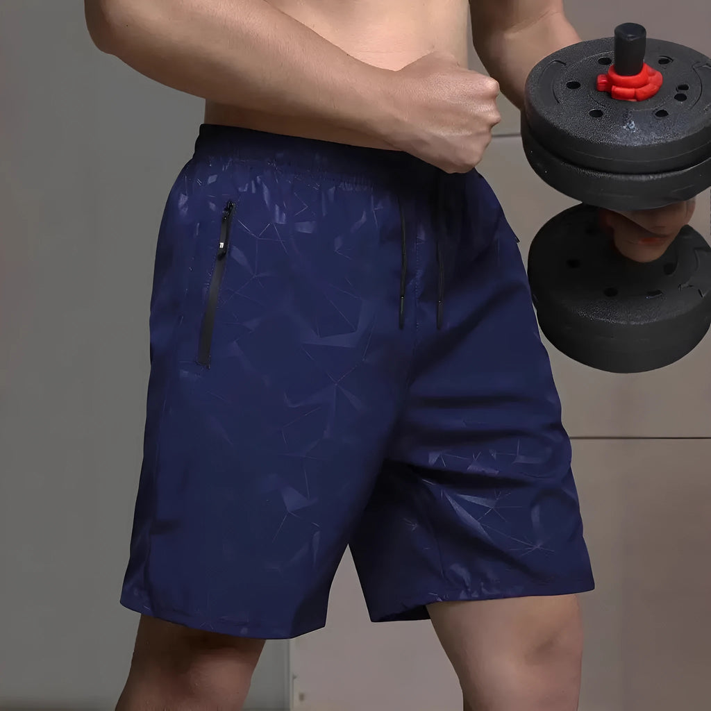 Men's loose printed sports shorts in black, blue and grey colours with Asian sizing guidance