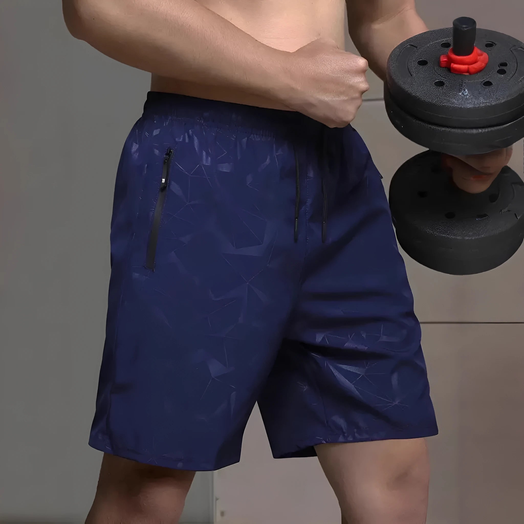 Men's loose printed sports shorts in black, blue and grey colours with Asian sizing guidance