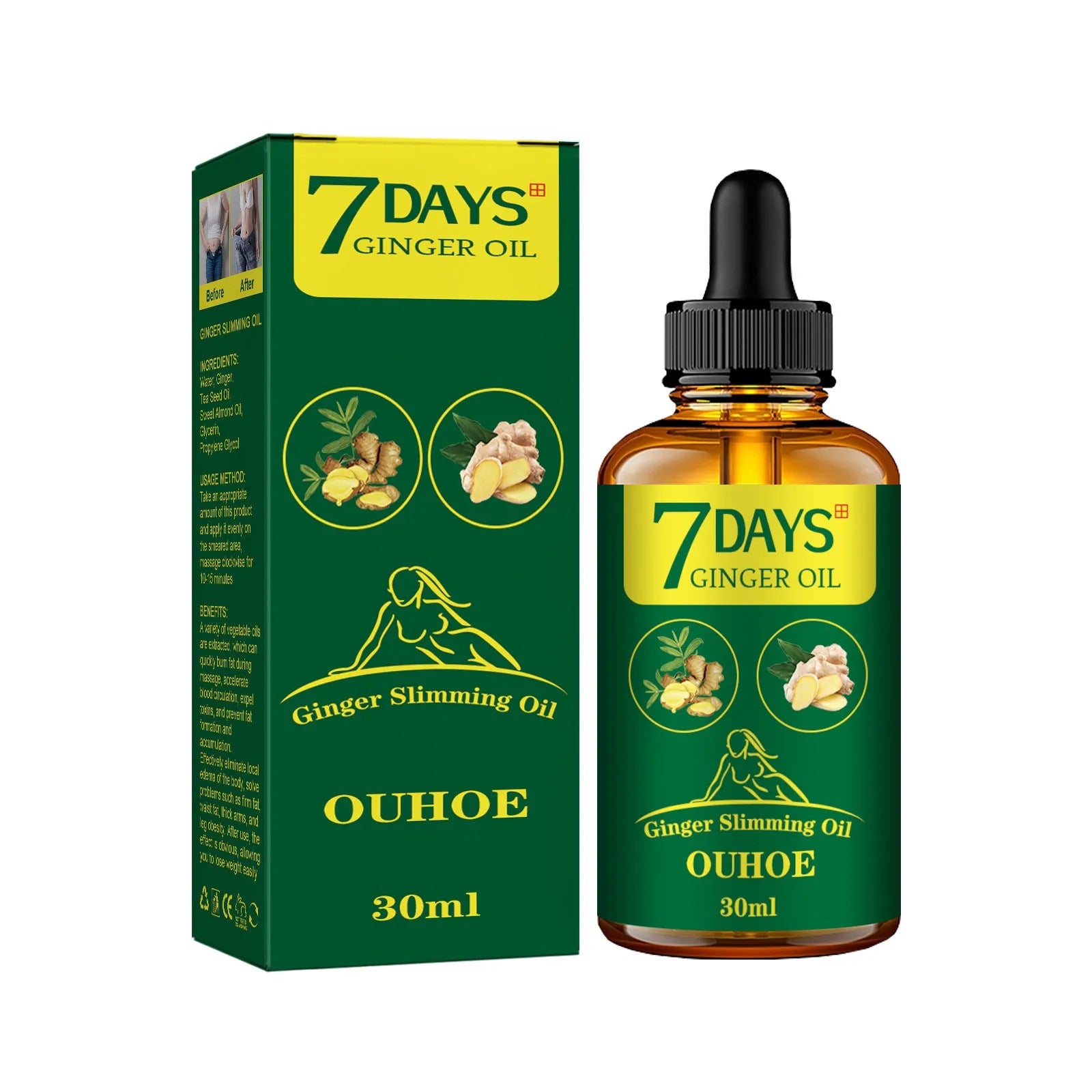 30ml bottle of ginger body shaping essential oil for firming thighs and muscles