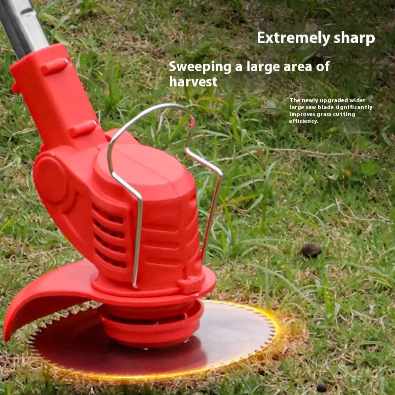 Household portable weeding machine in red bare metal finish, 1300mm length, 1000W motor