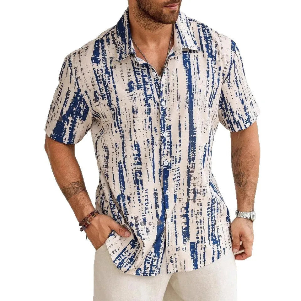 Men's short sleeve casual shirt with 3D printed stripe pattern in summer colours