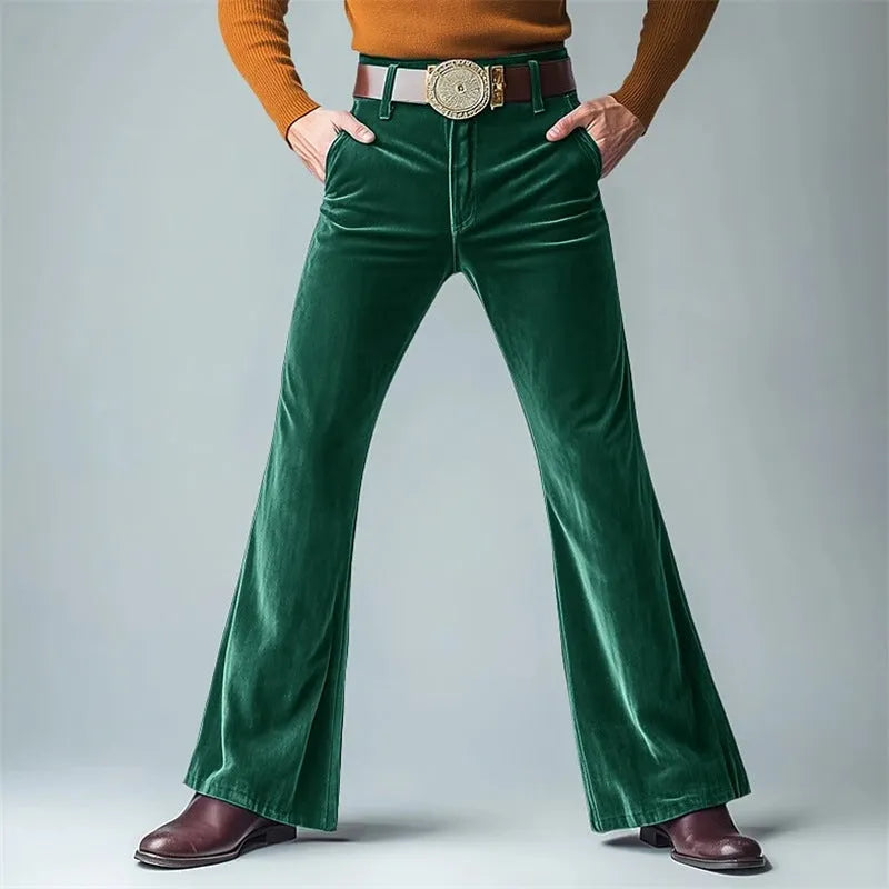 Men's gold velvet slim flared suit trousers with solid colour finish for formal banquet wear