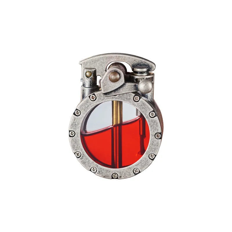 Metal rocker arm kerosene lighter with round transparent fuel tank zinc alloy body gold drawing finish