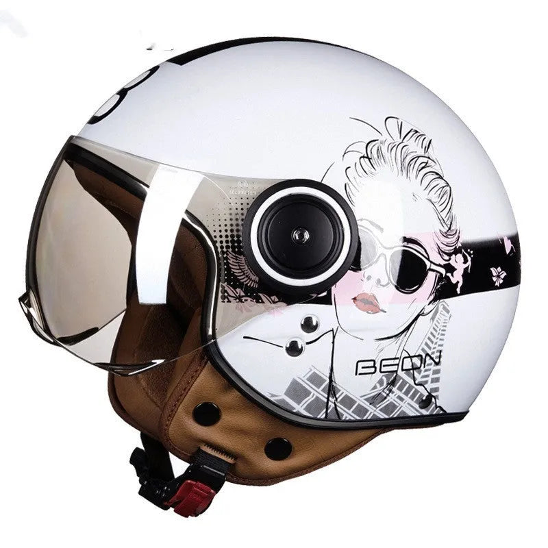 Battery car half helmet in Bright White Red Blue colour, lightweight semi-covered ABS construction, size M to XL