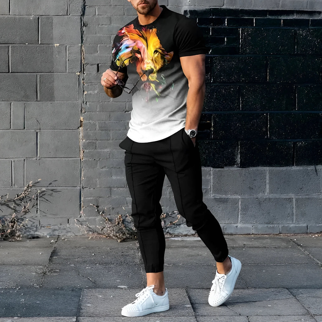 Men's thin short sleeve round neck pullover and matching trousers set in a solid colour