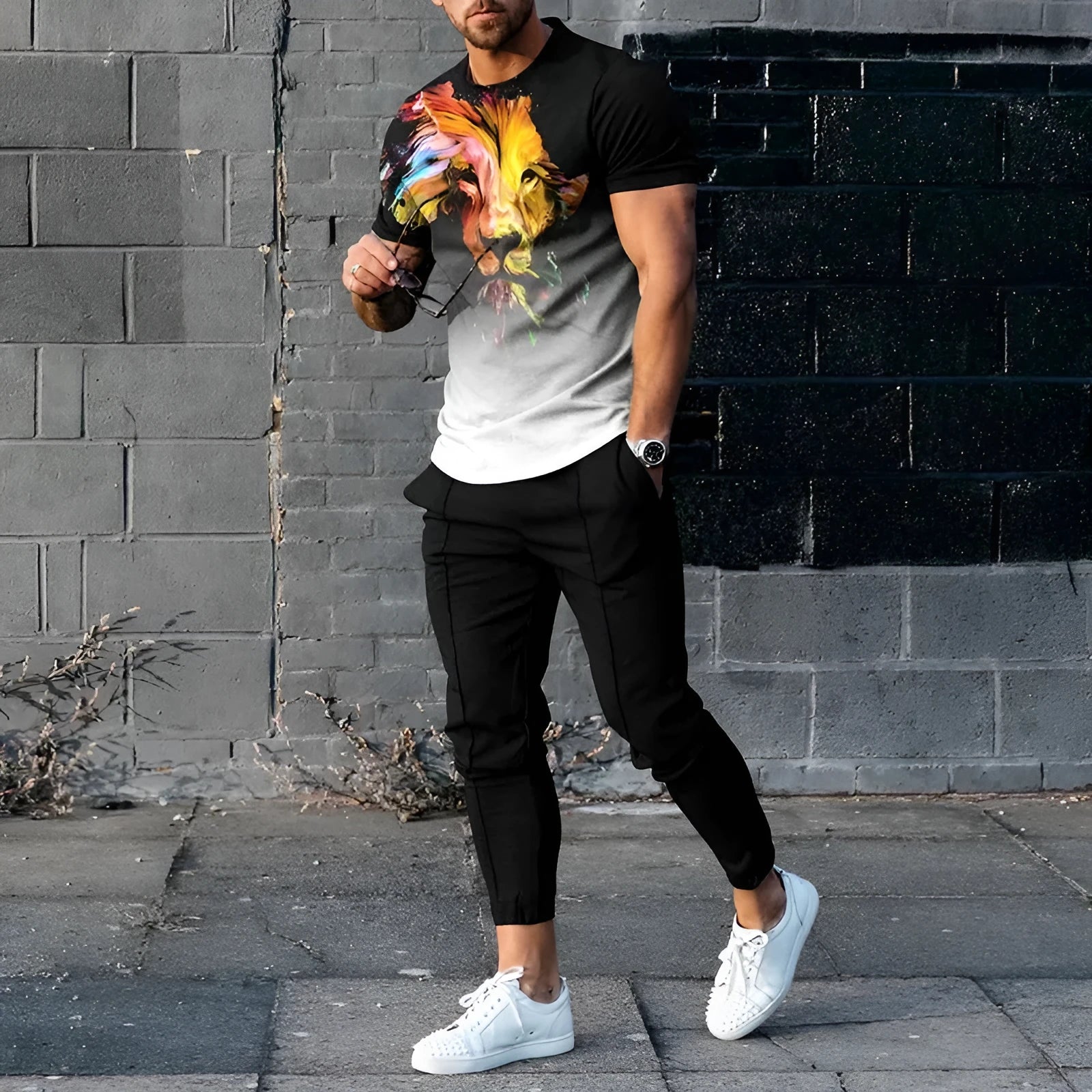 Men's thin short sleeve round neck pullover and matching trousers set in a solid colour