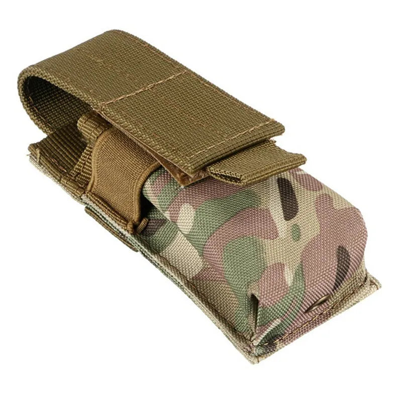 Black MOLLE tactical waistbag pouch for pistol cartridges and small flashlights on a belt.