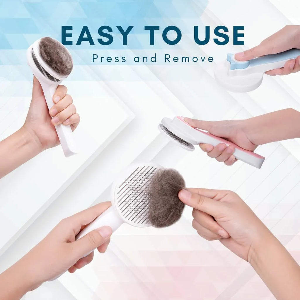 Self-cleaning slicker brush for dog and cat grooming with blue handle and stainless steel bristles.
