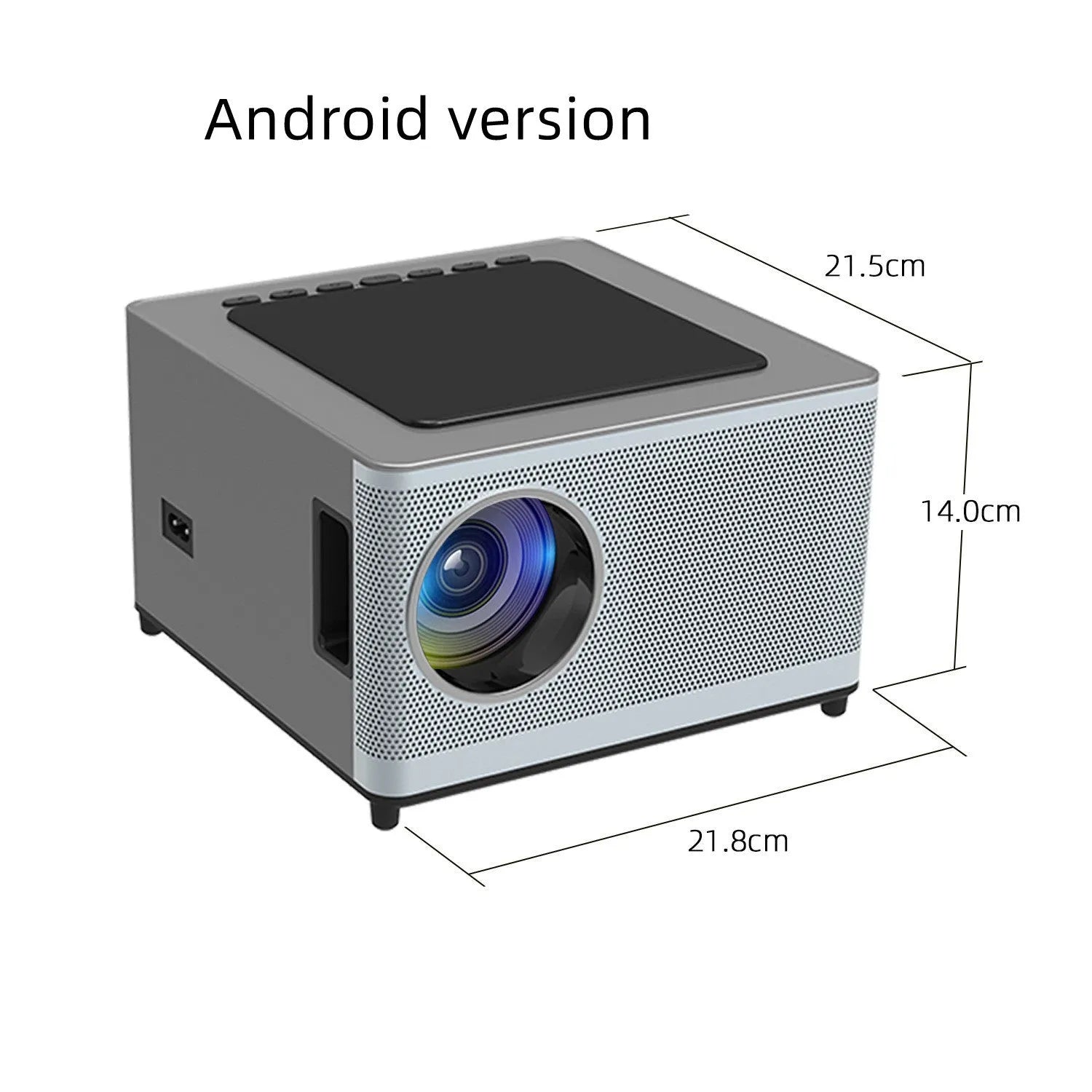White mini portable projector with black lens and ventilation grilles on front panel